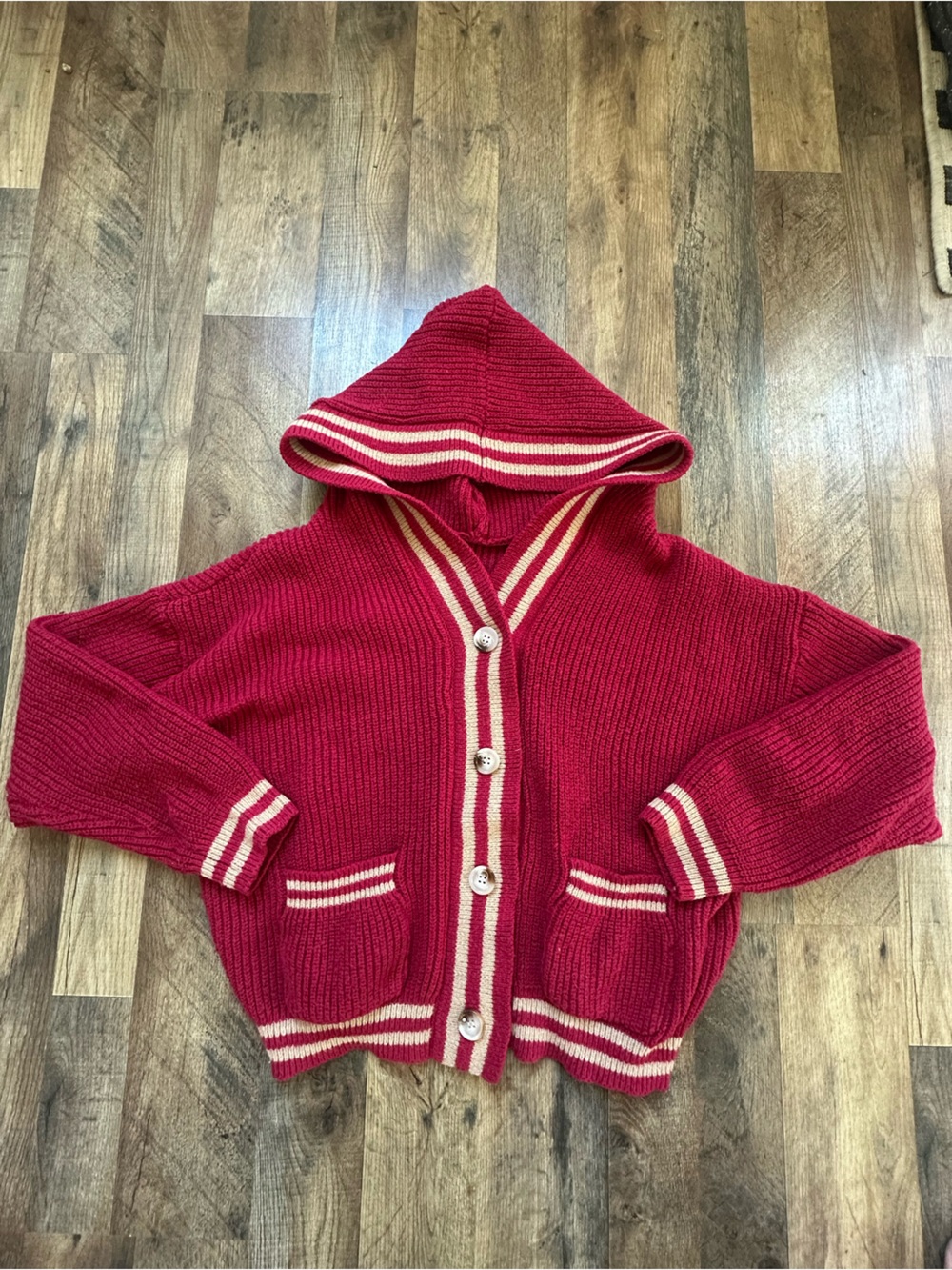 SHEIN Red Hooded Button-Up Cardigan with Cream Stripes